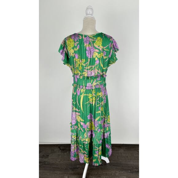 Current Air Sereia Botanical Motif Midi Dress Womens Large Green Purple New - Picture 9 of 10